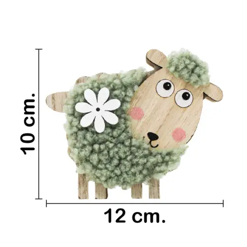 Borrego de peluche verde con flor blanca en base de madera de 12x10cm