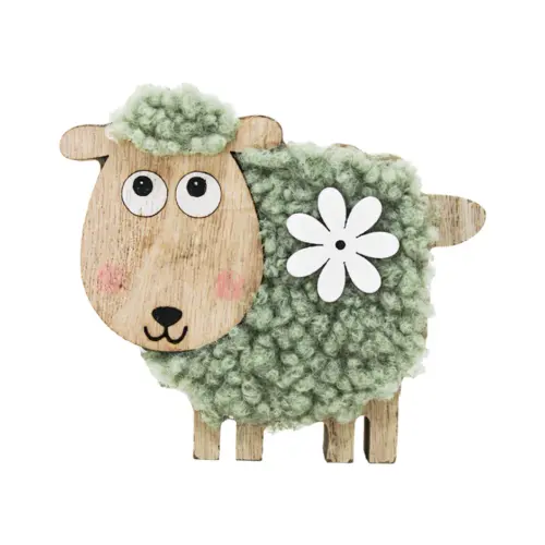 Borrego de peluche verde con flor blanca en base de madera de 11.5×9.5cm