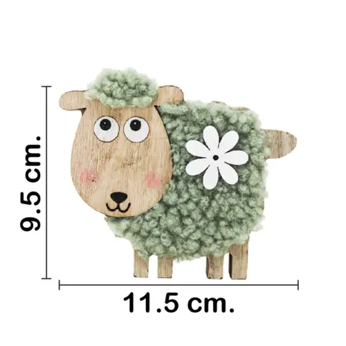 Borrego de peluche verde con flor blanca en base de madera de 11.5×9.5cm