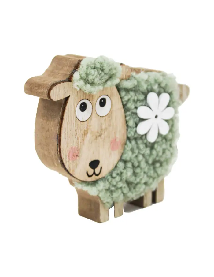 Borrego de peluche verde con flor blanca en base de madera de 11.5x9.5cm - Image 3