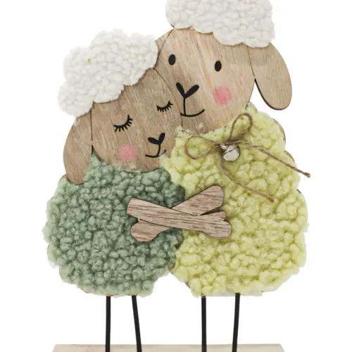 Borregos de madera con peluche verde y amarillo con flores de 16x24x4.5cm