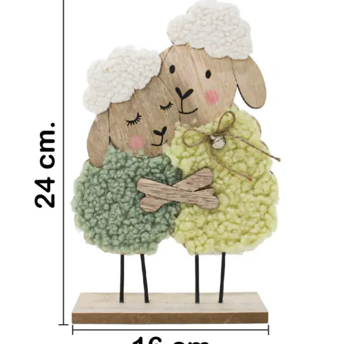 Borregos de madera con peluche verde y amarillo con flores de 16x24x4.5cm