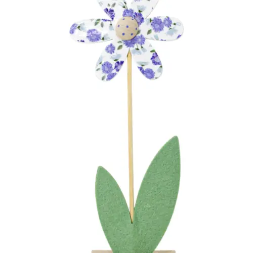 Flor de fieltro lila con blanco en base de madera de 39x18x6cm