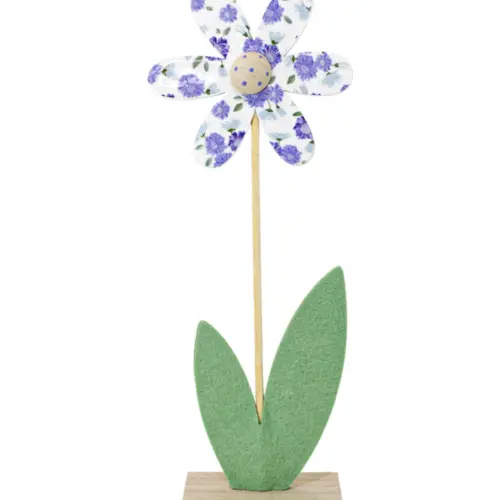 Flor de fieltro lila con blanco en base de madera de 31x12x5cm