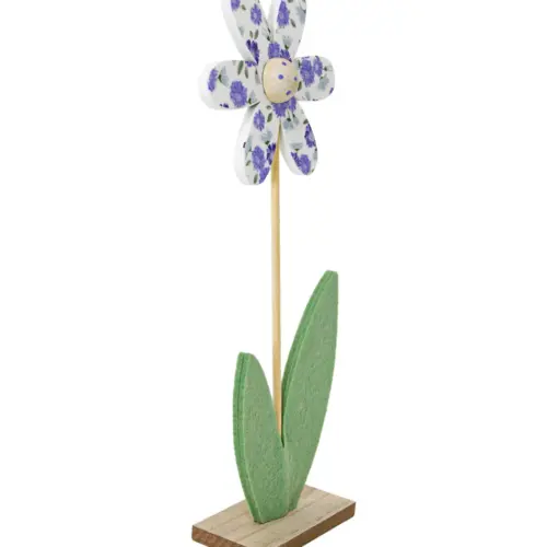 Flor de fieltro lila con blanco en base de madera de 31x12x5cm