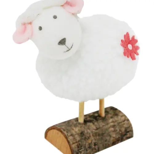 Borrego de peluche blanco en base de madera de 9x5x11cm
