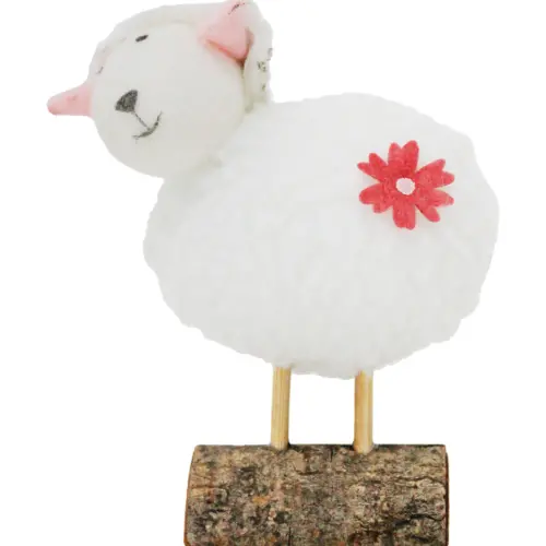 Borrego de peluche blanco en base de madera de 9x5x11cm