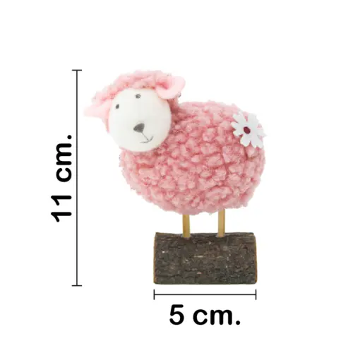Borrego de peluche rosa base de madera de 9x5x11cm