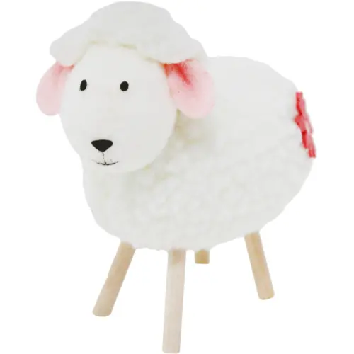 Borrego de peluche blanco en base de madera de 9x5x9.5cm