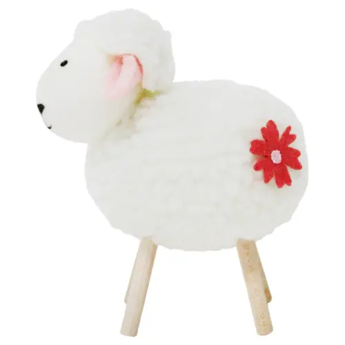 Borrego de peluche blanco en base de madera de 9x5x9.5cm