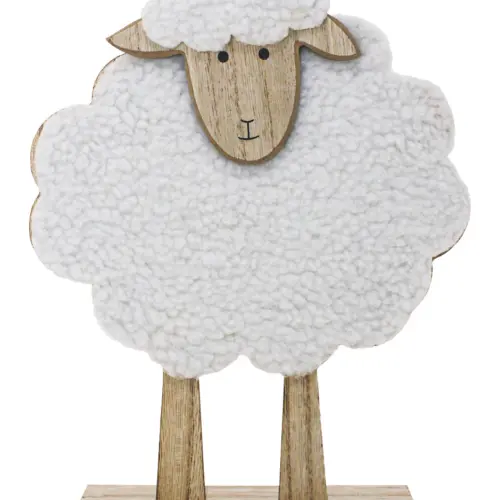 Borrego de peluche blanco en base de madera de 20.5x6x27.5cm