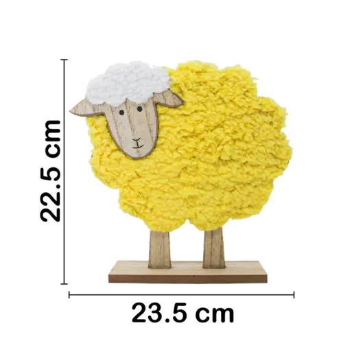 Borrego de peluche amarillo en base de madera de 23.5x6x22.5cm