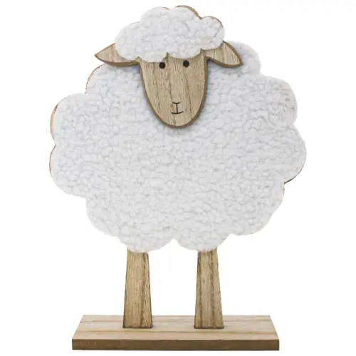 Borrego de peluche blanco en base de madera de 15.5x5x21cm
