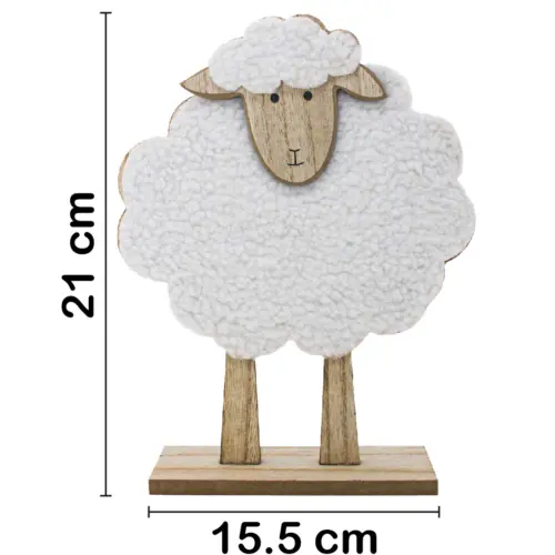 Borrego de peluche blanco en base de madera de 15.5x5x21cm