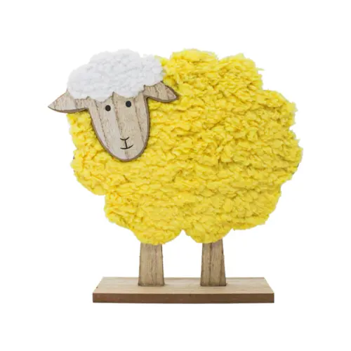 Borrego de peluche amarillo en base de madera de 19×17.5x5cm