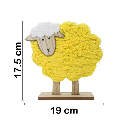 Borrego de peluche amarillo en base de madera de 19×17.5x5cm