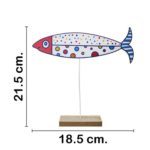 Pez de colores blanco con rojo en base de madera de 18.5x20x4.5cm