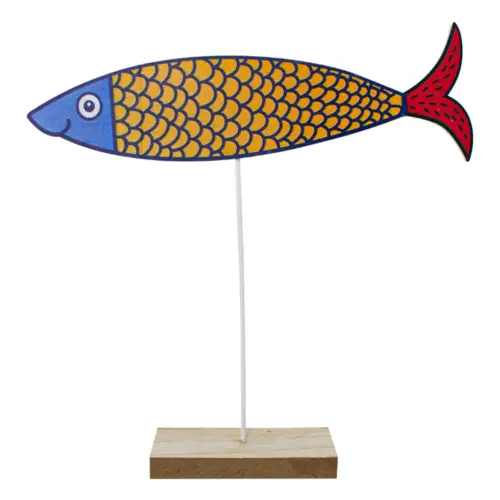 Pez de colores amarillo con azul en base de madera de 27.5×27.5x5cm