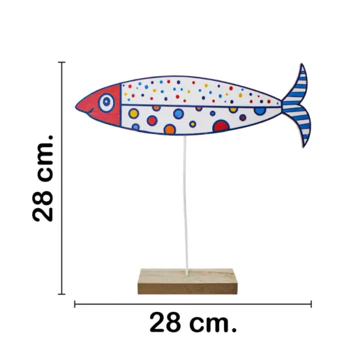 Pez de colores blanco con rojo en base de madera de 27.5×28.5x5cm