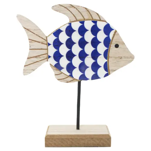 Pez de madera azul y blanco en de madera de 15x21x5cm