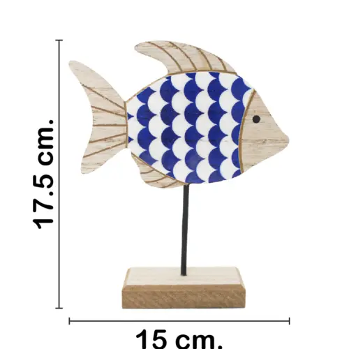 Pez de madera azul y blanco en de madera de 15x21x5cm