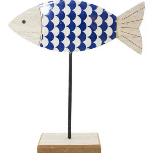 Pez de madera azul y blanco en base de madera de 23×26.5x5cm