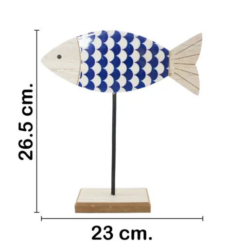 Pez de madera azul y blanco en base de madera de 23×26.5x5cm