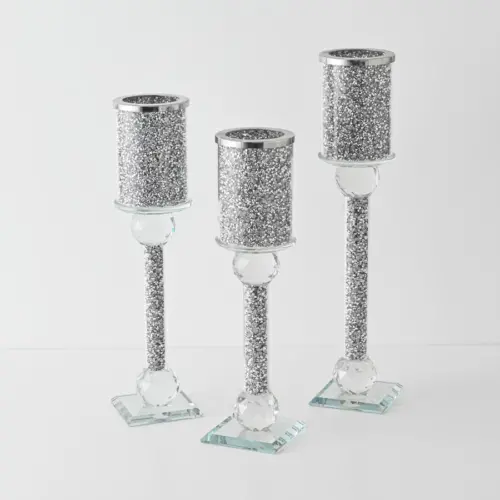 Juego de 3 candelabros de vidrio plateados de 7x7x31.5cm