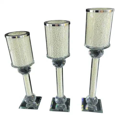 Juego de 3 candelabros de vidrio aperlados de 7x7x31.5cm