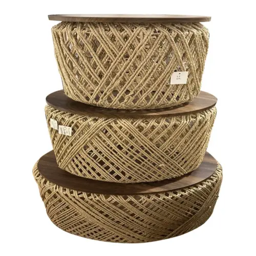 Juego de 3 mesas tejidas natural cubiertas de madera de 30/37/52×30/37/52×35/43/48cm