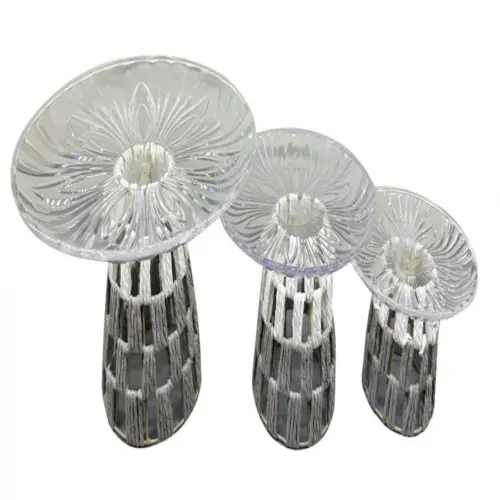 Juego de 3 mesas tejidas gris con blanco con cubierta de cristal de 21/27/31×21/27/31×13/17/20cm