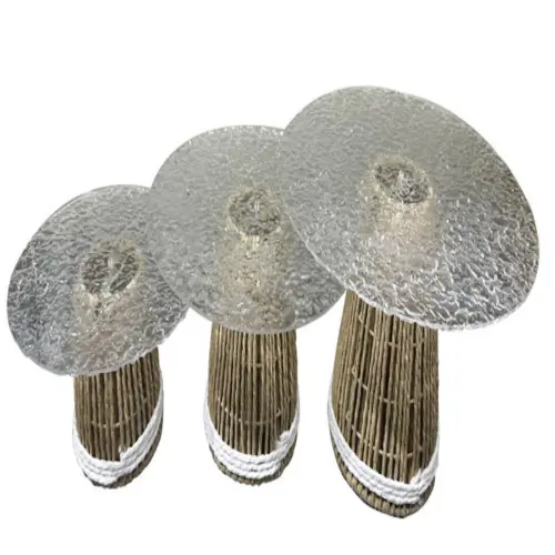 Juego de 3 mesas tejidas natural con blanco con cubierta de cristal de 21/27/31×21/27/31×13/17/20cm