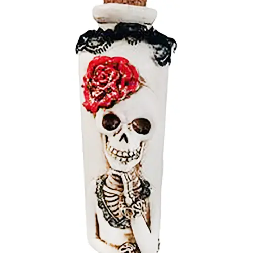 Botella con diseño calavera de poliresina de 6.5×6.5x20cm