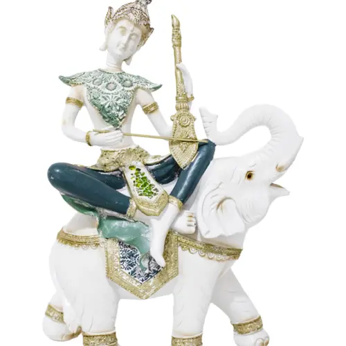 Buda de resina montando un elefante azul con blanco de 22.5×9.5x31cm