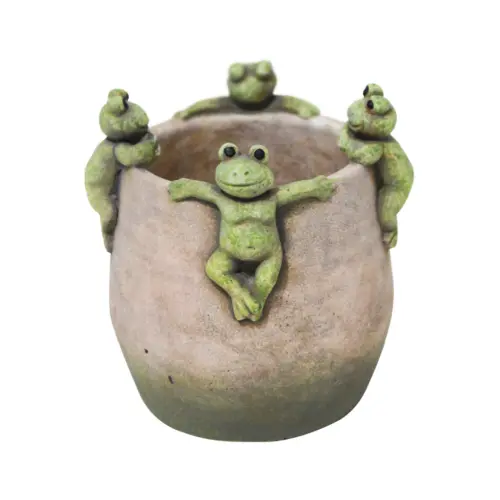 Maceta de cemento con ranas en la orilla de 14.5x14x14.5cm