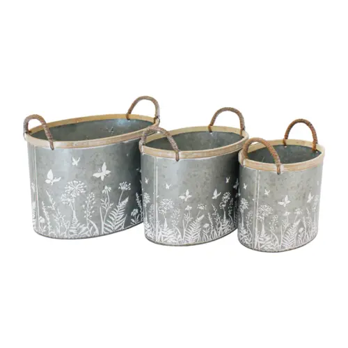 Juego de 3 macetas ovaladas de metal plata diseño floral de 27.5×19.5×18/23×16.5×17/18.5x14x15cm