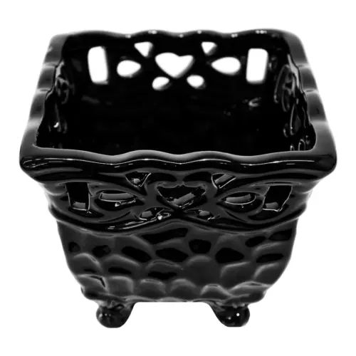 Maceta cuadrada de porcelana negra con grabado de 13x13x12cm