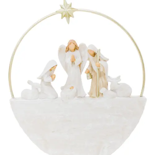 Nacimiento sobre canasta blanco de poliresina de 22×4.5x25cm