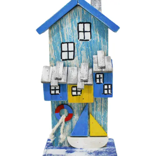 Casa de madera azul con lancha de 12x7x27.5cm