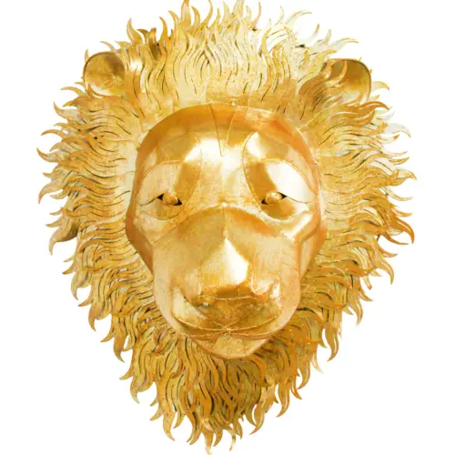 Cabeza de león para pared de metal dorado de 17.78×40.01×48.9cm
