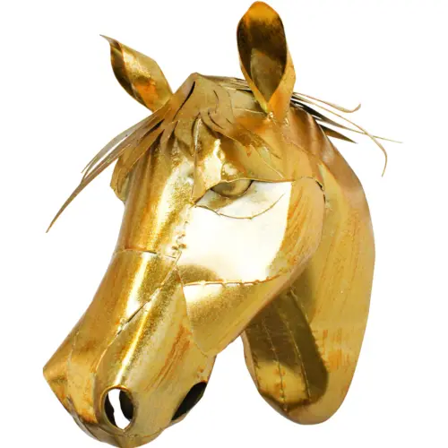Cabeza de caballo para pared de metal dorado de 26.99×19.37×31.75cm