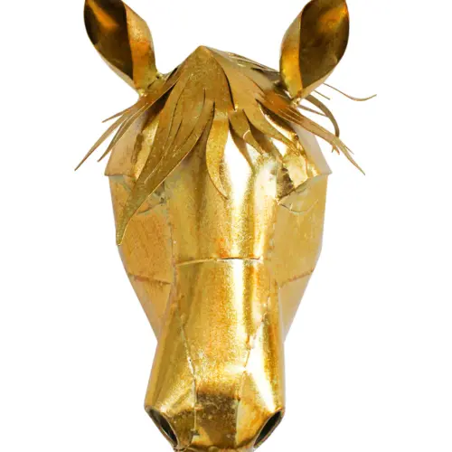 Cabeza de caballo para pared de metal dorado de 26.99×19.37×31.75cm