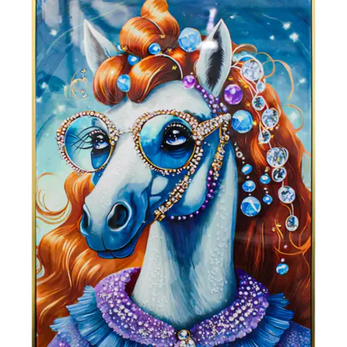 Cuadro con cabeza de caballo peluca lentes y pedreria de 62x82x4cm