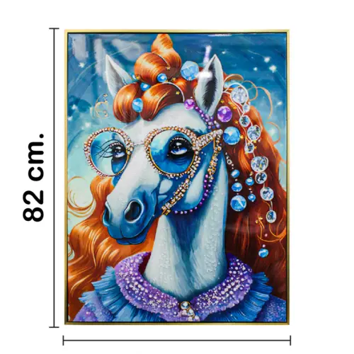Cuadro con cabeza de caballo peluca lentes y pedreria de 62x82x4cm