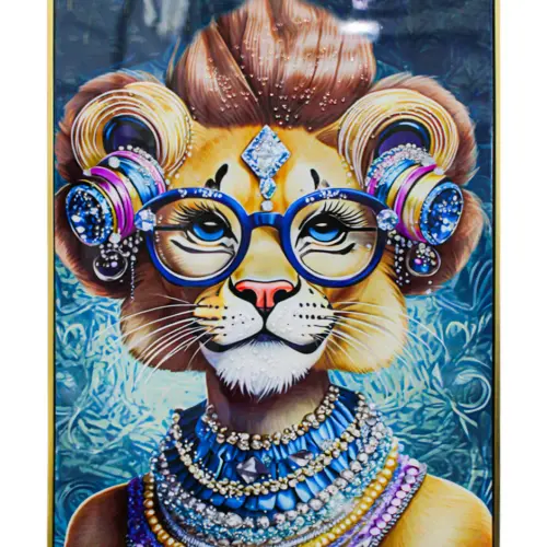 Cuadro con cabeza de leona con lentes y pedrería de 62x82x4cm