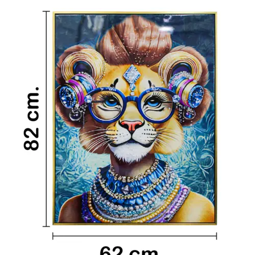 Cuadro con cabeza de leona con lentes y pedrería de 62x82x4cm