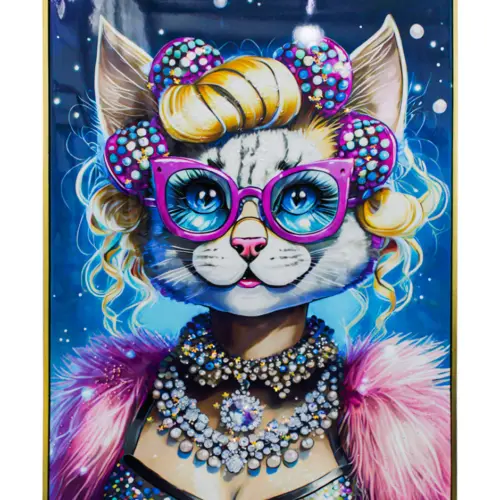 Cuadro con cabeza de gata con lentes y pedrería de 62x82x4cm