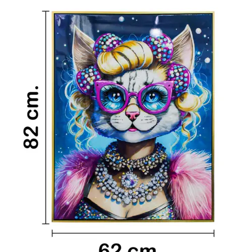 Cuadro con cabeza de gata con lentes y pedrería de 62x82x4cm