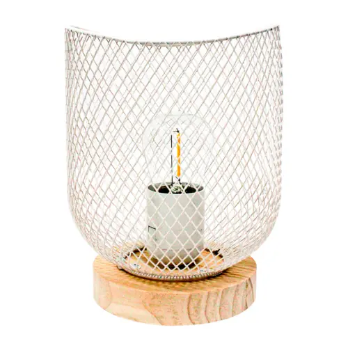 Linterna de metal blanca con base de madera y luz led (usa baterias AAA) de 11.6×11.6×16.5cm