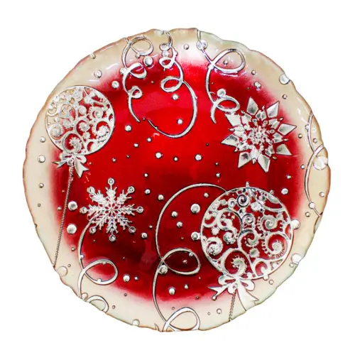 Plato de vidrio rojo con dorado y esferas de 32cm
